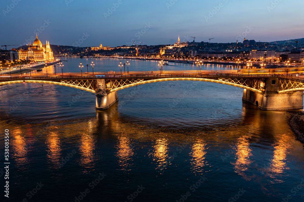 Aerial view from Danube river in Budapest at night