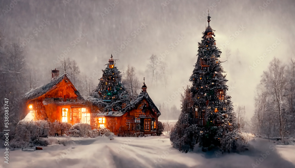 Naklejka premium Casa De Navidad, Nieve, Arbol de Navidad