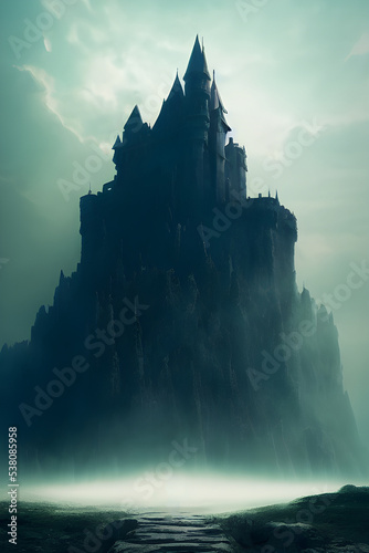 Giant fantasy castle on a mountain and in the fog