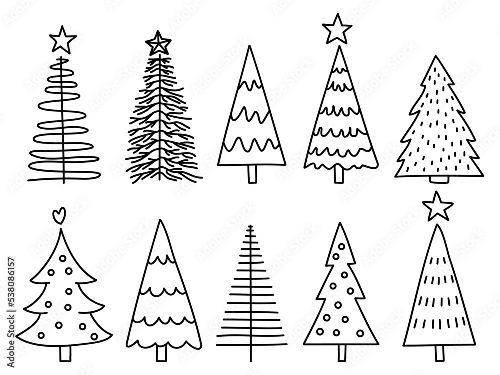 Christmas Tree Line Illustration Set Winter Line Art Vector Christmas 