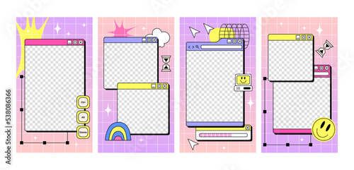 The template of stories in y2k style. Retro wave schedule design template. Acid bright design