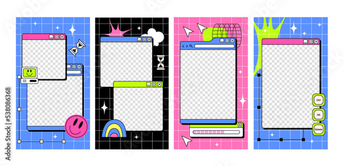 The template of stories in y2k style. Retro wave schedule design template. Acid bright design