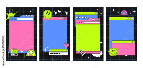The template of stories in y2k style. Retro wave schedule design template. Acid bright design
