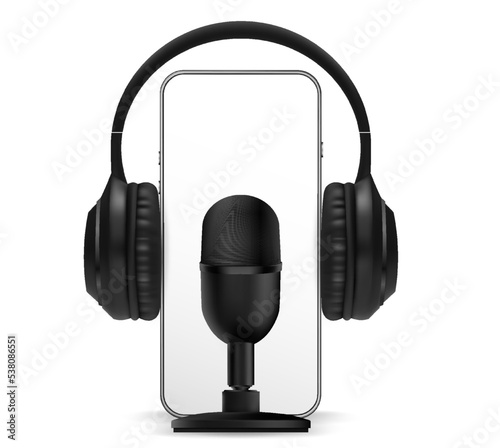 Podcast icon. Audio equipment with microphone, sound headphones, podcast application on mobile smartphone screen. Radio recording sound voice on dark background. Broadcast media music concept.