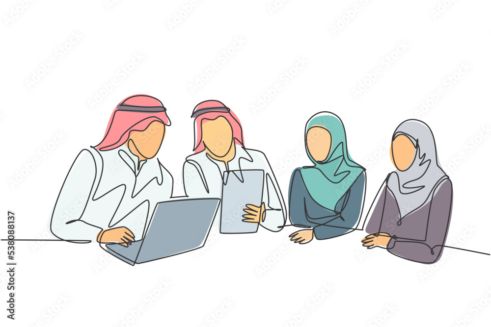 One single line drawing of young happy muslim businessman discussing deal project together. Saudi Arabia cloth shmag, kandora, headscarf, thobe, hijab. Continuous line draw design vector illustration One single line drawing of young happy muslim businessman discussing deal project together. Saudi Arabia cloth shmag, kandora, headscarf, thobe, hijab. Continuous line draw design vector illustration