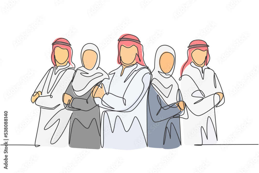 One continuous line drawing of young muslim businesspeople line up neatly with crossing hands on chest. Islamic clothing shemag, kandura, scarf, hijab. Single line draw design vector illustration One continuous line drawing of young muslim businesspeople line up neatly with crossing hands on chest. Islamic clothing shemag, kandura, scarf, hijab. Single line draw design vector illustration