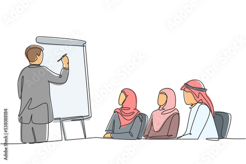 One single line drawing of young happy muslim learning business strategy from consultant. Saudi Arabia cloth shmag, kandora, headscarf, thobe, ghutra. Continuous line draw design vector illustration