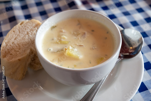 Traditional scottish white cream soup, cullen skink made with smoked paddock fish, Scotland