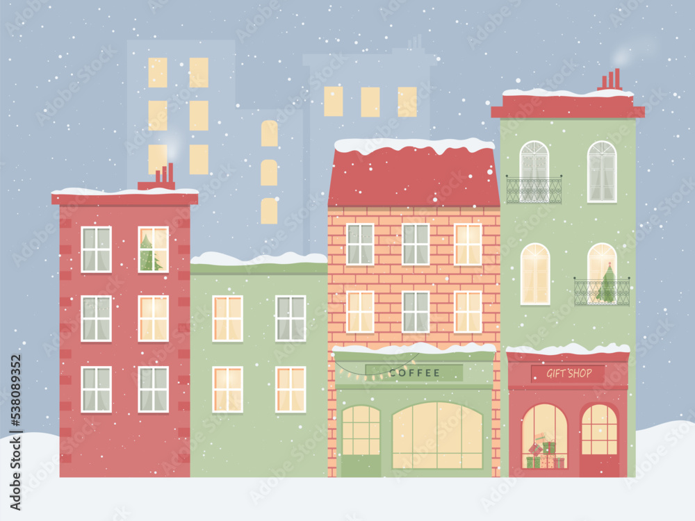Snowy Christmas night in cozy town city panorama. Winter village holiday landscape. Merry Christmas and happy new year 2023. Snowy Christmas night in cozy town city panorama. Winter village holiday landscape. Merry Christmas and happy new year 2023.