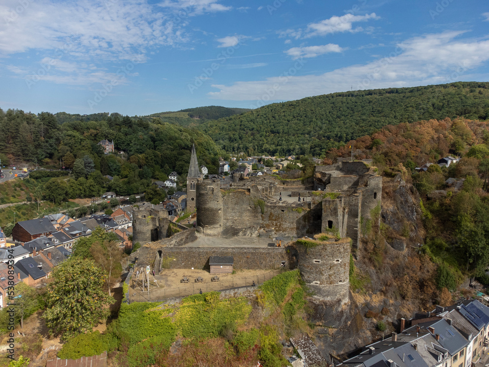Church and ruin in the valley of La Roche en Ardenne in Belgium, Aerial