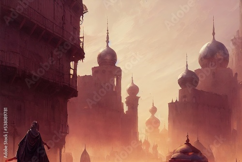 Medieval fantasy middle eastern trade capital city, photography, Digital illustration photo