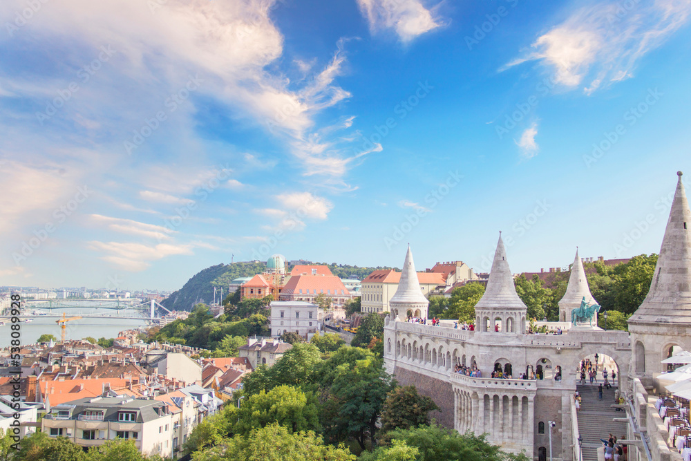 Fototapeta premium Beautiful view of the towers of the Fishermen's Bastion in Budapest, Hungary