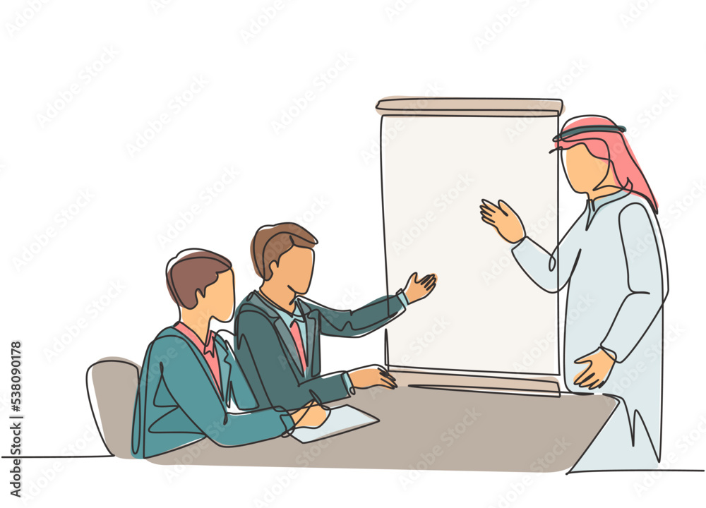 Single continuous line drawing of young muslim startup founder do pitching presentation to prospective investor. Arab middle east cloth kandura, thawb, robe. One line draw design vector illustration
