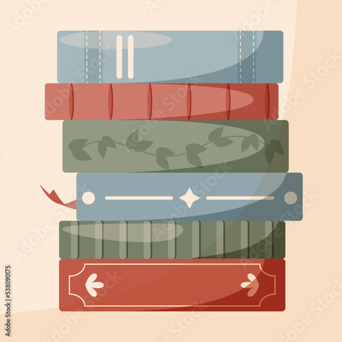 Books stack. Pile of beautiful books cover. Warm colours. Vector illustration.