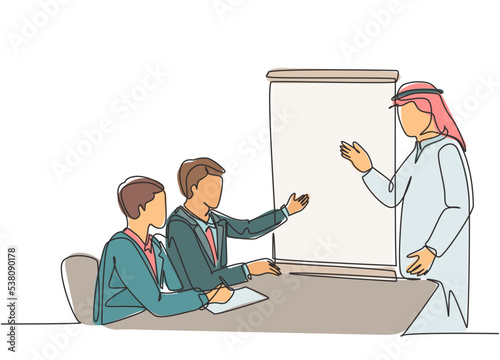 Single continuous line drawing of young muslim startup founder do pitching presentation to prospective investor. Arab middle east cloth kandura, thawb, robe. One line draw design vector illustration