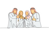 One single line drawing of young happy muslim businesspeople line up neatly and give thumbs up. Saudi Arabia cloth shmag, kandora, headscarf, ghutra. Continuous line draw design vector illustration