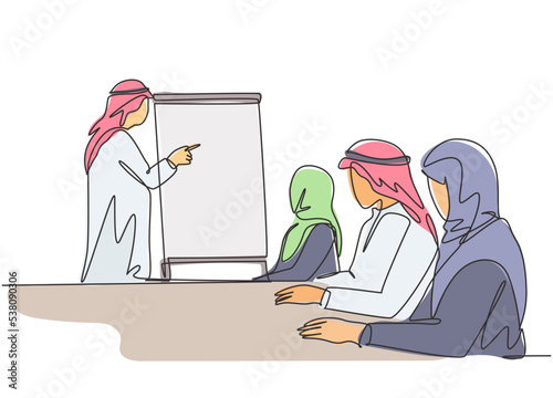 One single line drawing of young happy muslim startup founder explaining company golden rules. Saudi Arabia cloth kandora, headscarf, thobe, ghutra. Continuous line draw design vector illustration