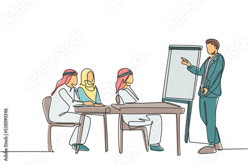 One continuous line drawing of young muslim business coach teaching how to start business without capital. Islamic clothing shemag, kandura, scarf keffiyeh. Single line draw design vector illustration