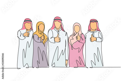 One continuous line drawing of young muslim male and female managers giving thumbs up gestures. Islamic clothing shemag, kandura, scarf, keffiyeh. Single line draw design vector illustration