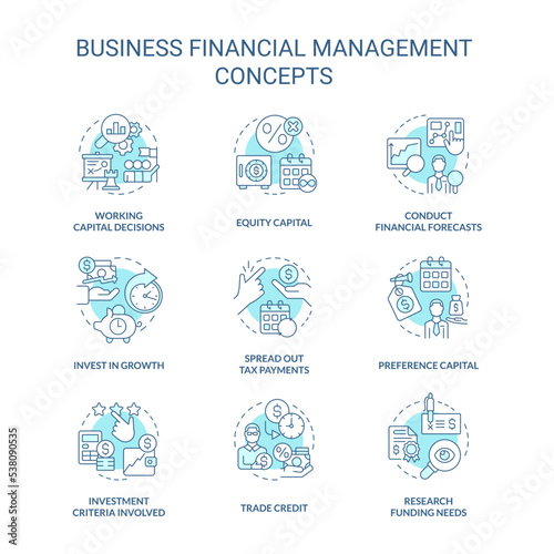 Business financial management turquoise concept icons set. Enterprise strategy idea thin line color illustrations. Isolated symbols. Editable stroke. Roboto-Medium, Myriad Pro-Bold fonts used