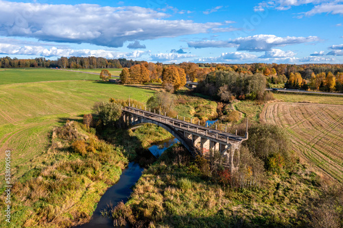 Aerial view of bridge to nowhere. An old bridge in Latvia never getting ready. Sati, Latvia