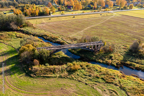 Aerial view of bridge to nowhere. An old bridge in Latvia never getting ready. Sati, Latvia © ako-photography