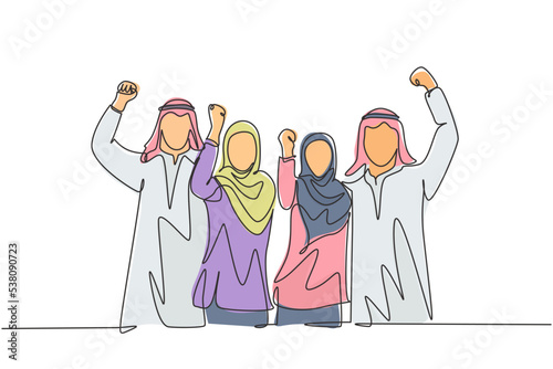 Single continuous line drawing of young muslim business people celebrate the project deal. Arab middle east businessmen with shmagh, kandura, thawb robe cloth. One line draw design vector illustration