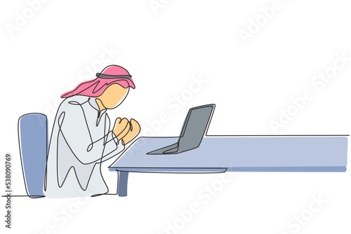 One continuous line drawing of young happy muslim business man celebrate success. Saudi Arabian businessmen with shemag, kandura, scarf, keffiyeh clothing. Single line draw design vector illustration