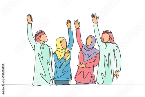 One single line drawing of young happy muslim business people raise their hands. Saudi Arabian businessmen with shmag, kandora, headscarf, thobe ghutra. Continuous line draw design vector illustration