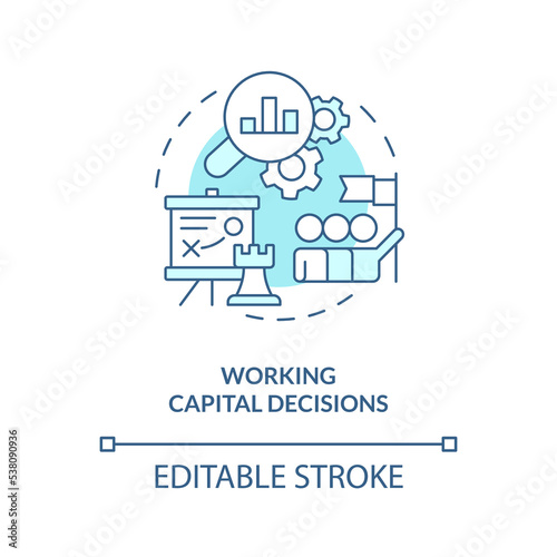 Working capital decision turquoise concept icon. Financial solution abstract idea thin line illustration. Isolated outline drawing. Editable stroke. Arial, Myriad Pro-Bold fonts used