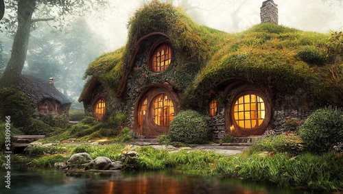 Beautiful scenery of the Hobbit House covered and surrounded by greenery on a misty day photo