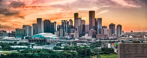 Houston Texas with colorful sunset sky