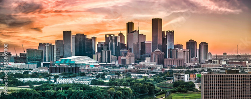 Houston Texas with colorful sunset sky photo