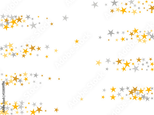 Minimal silver and gold stars falling scatter backdrop. Little stardust spangles birthday decoration elements. Isolated stars falling design. Spangle elements congratulations decor.