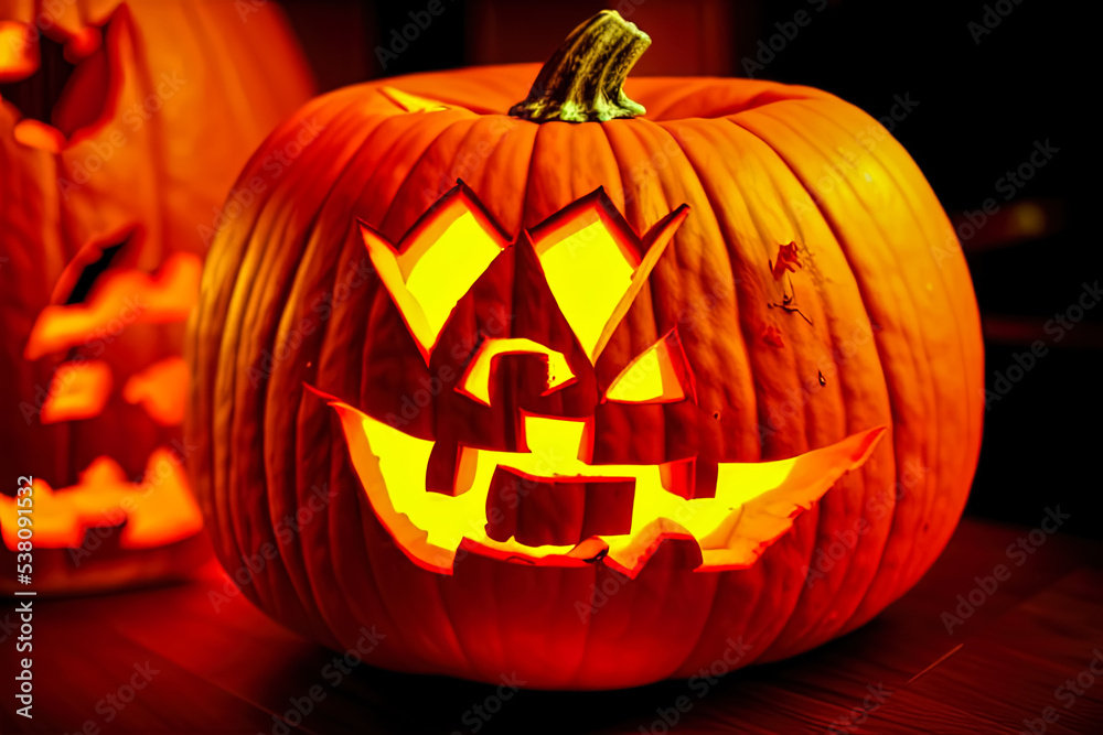 Fototapeta premium Spookey Halloween Pumpkin cut out by kids in Studio