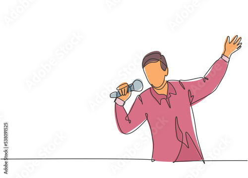 Single continuous line drawing of young happy male pop singer holding microphone and singing on concert stage. Musician artist performance concept one line draw design vector illustration