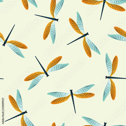 Dragonfly charming seamless pattern. Summer clothes textile print with darning-needle insects.