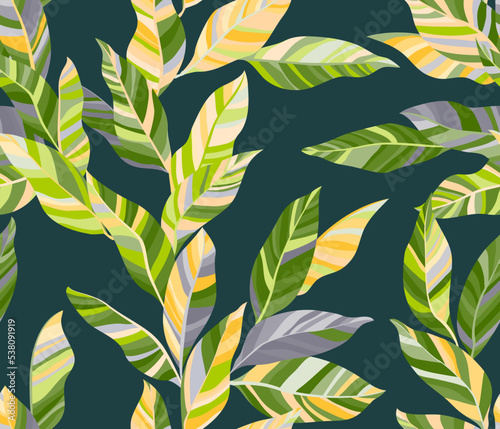 Striped leaves tree branches vector seamless pattern summer fasion textile pr...