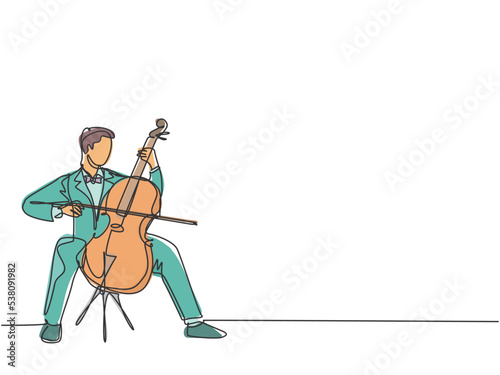 One single line drawing of young happy male cellist performing to play cello on classical orchestra concert. Musician artist performance concept continuous line graphic draw design vector illustration