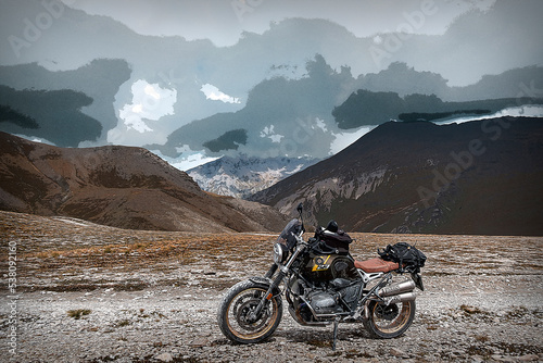 Off road motorcycle with mountain landscape