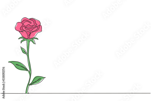 Single continuous line drawing of fresh romantic beautiful rose flower. Greeting card, invitation, logo, banner, poster concept. Modern one line graphic draw design vector illustration