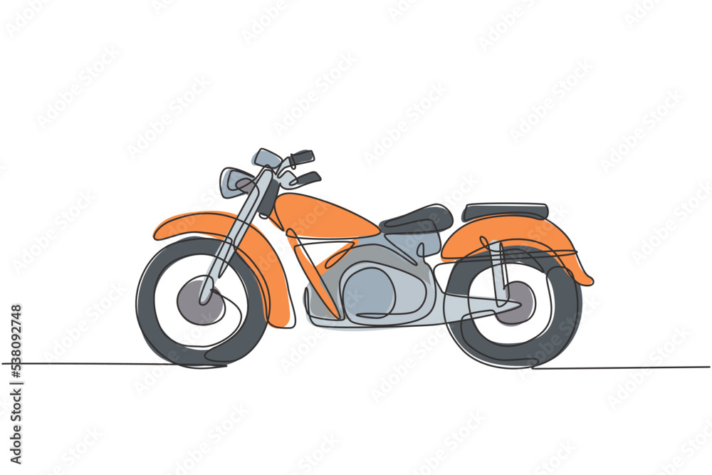 Single continuous line drawing of old classic vintage motorcycle symbol. Retro motorbike transportation concept one line graphic draw design vector illustration
