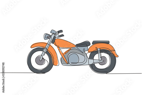 Single continuous line drawing of old classic vintage motorcycle symbol. Retro motorbike transportation concept one line graphic draw design vector illustration