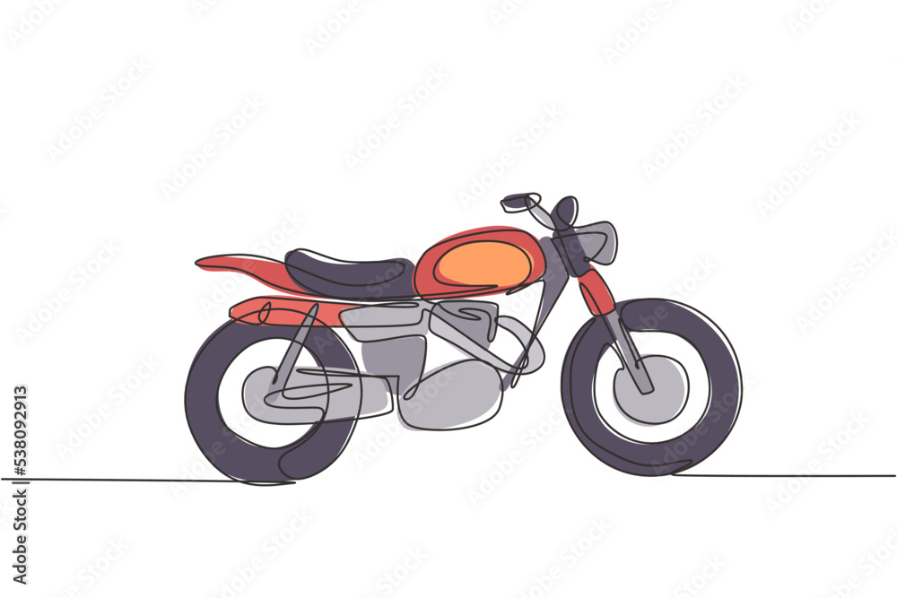 One continuous line drawing of retro old vintage motorcycle icon. Classic motorbike transportation concept single line graphic draw design vector illustration