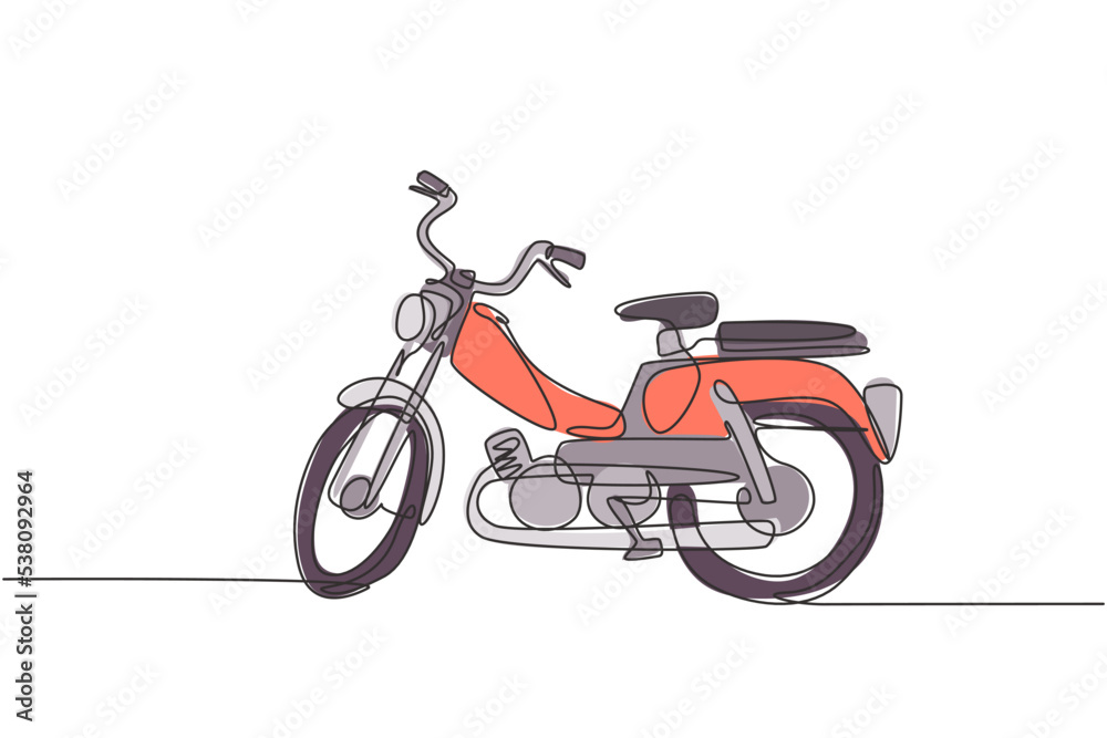 One continuous line drawing of retro old vintage motorcycle icon. Classic motorbike transportation concept single line draw design vector illustration graphic
