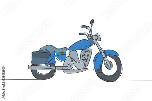 Single continuous line drawing of old classic vintage motorcycle symbol. Retro motorbike transportation concept one line draw design vector graphic illustration