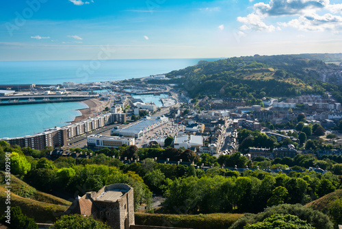 View of Dover and the port from the Castle, Dover, England, UK 