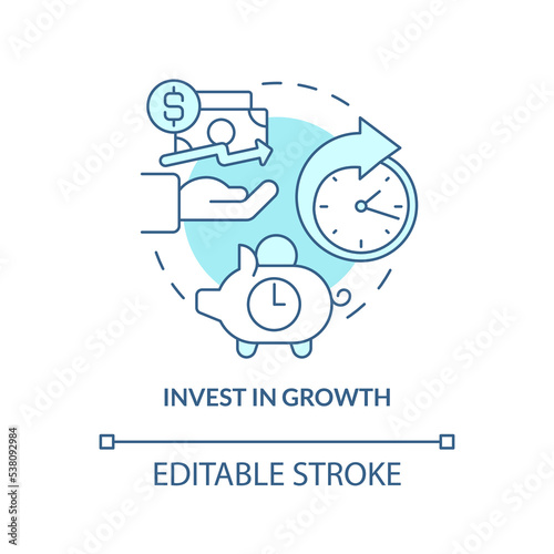 Invest in growth turquoise concept icon. Managing small business finances tip abstract idea thin line illustration. Isolated outline drawing. Editable stroke. Arial, Myriad Pro-Bold fonts used