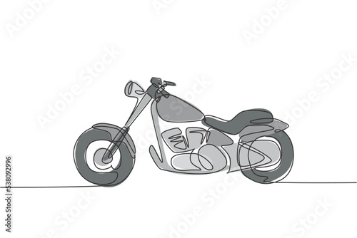 Single continuous line drawing of old classic vintage motorcycle symbol. Retro motorbike transportation concept one line graphic draw design vector illustration