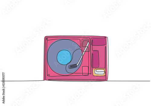 Single continuous line drawing of retro old classic portable music turntable vinyl disc jockey. Vintage analog audio player item concept one line graphic draw design vector illustration